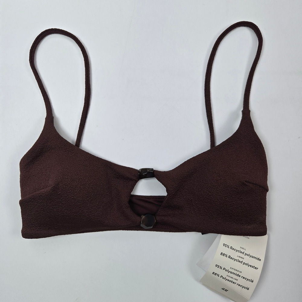H&M Bikini Top Women XS Brown Crinkle Keyhole Tortoise Detail Swim NEW